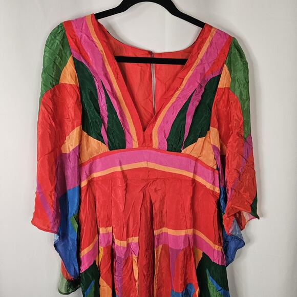 NWT Farm Rio Dress Rainbow Toucan Maxi Multicolor XL Pleated Printed Satin Maxi - Picture 2 of 13